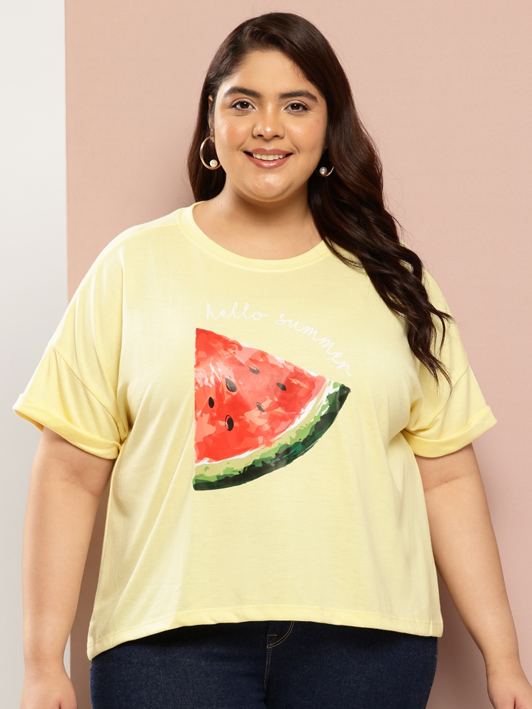 

Sztori Plus Size Women Printed Drop-Shoulder Sleeves T-shirt, Yellow