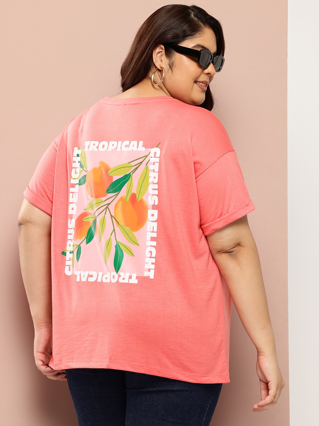 

Sztori Plus-Size Printed Drop-Shoulder Sleeves T-shirt, Coral