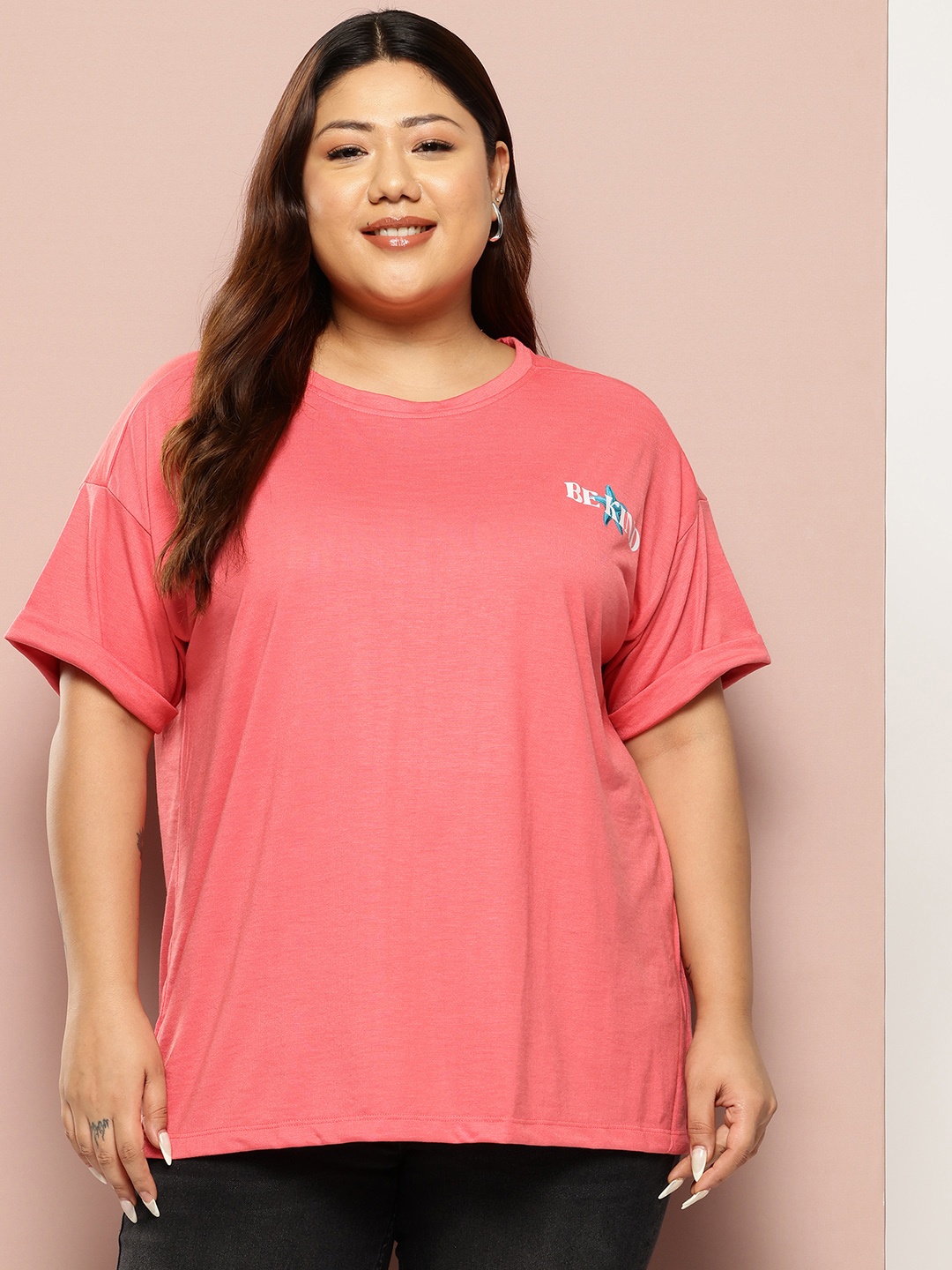 

Sztori Plus Size Printed Drop-Shoulder Sleeves T-shirt, Coral