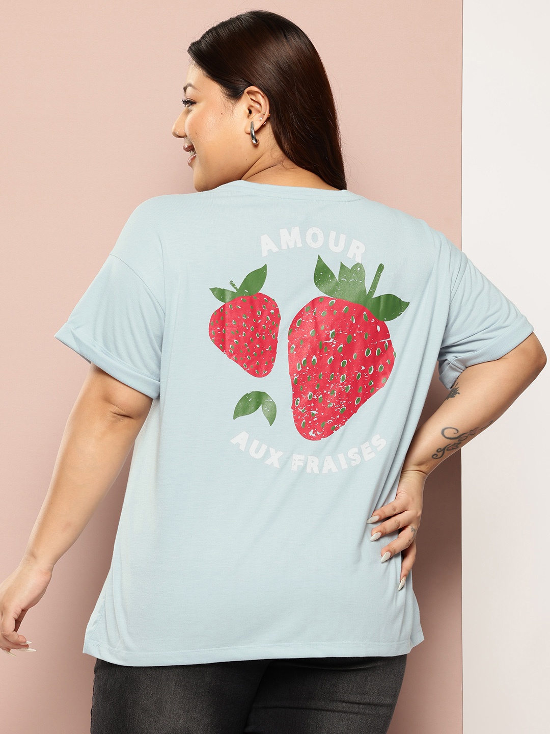 

Sztori Plus Size Printed Drop-Shoulder Sleeves T-shirt, Blue