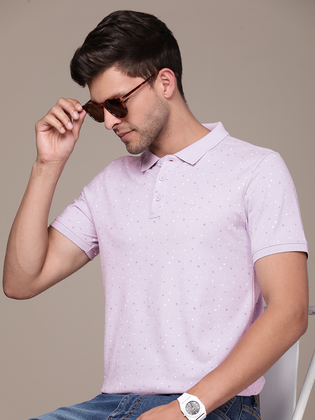 

WROGN Geometric Printed Polo Collar Slim Fit T-shirt, Lavender