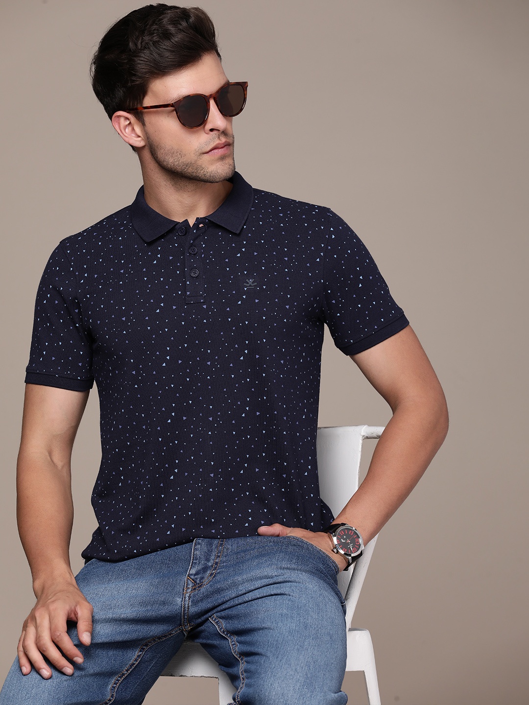 

WROGN Geometric Printed Polo Collar Slim Fit T-shirt, Navy blue