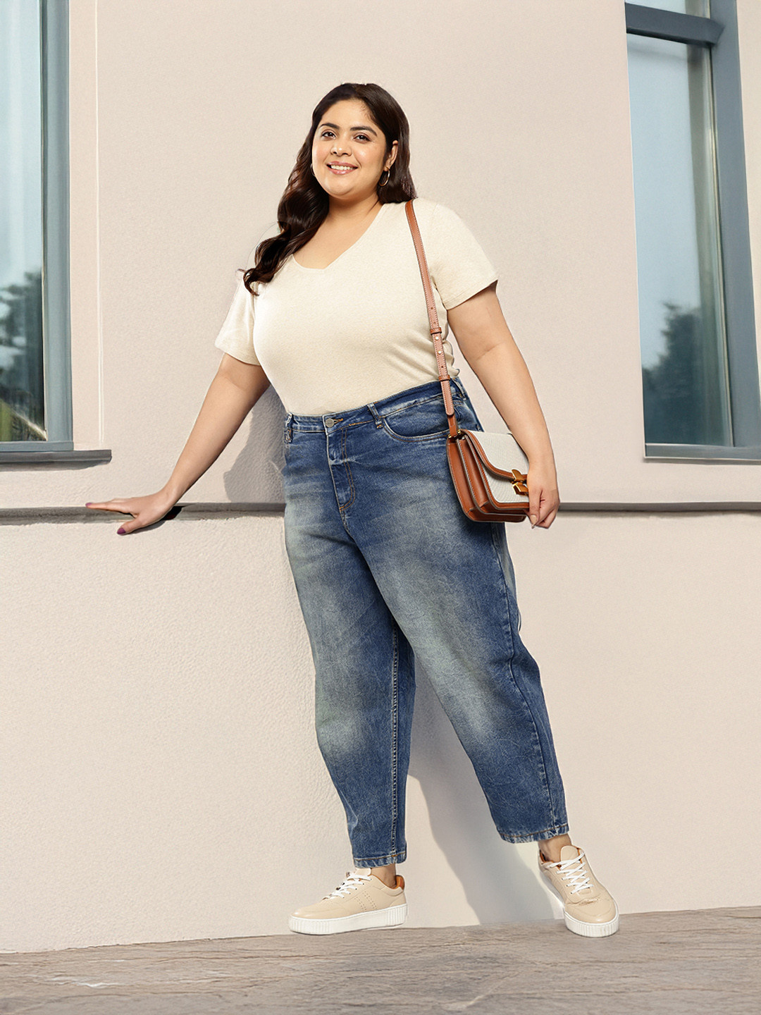

Sztori Women Plus Size Heavy Fade Stretchable Slouchy Jeans, Blue