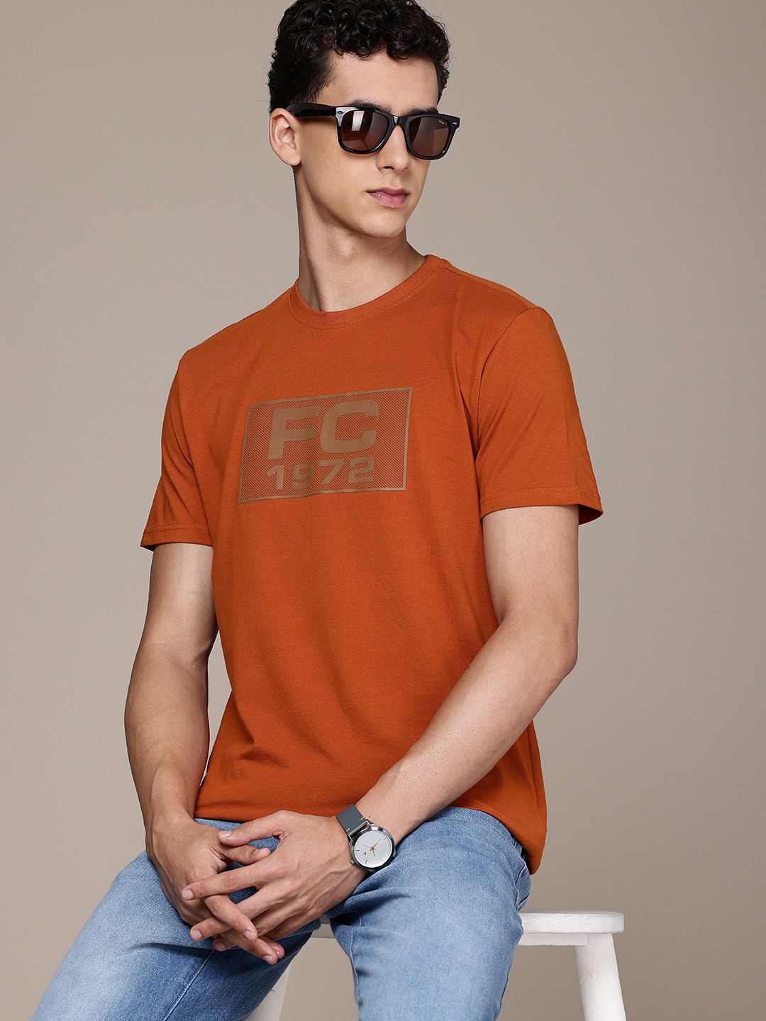 

French Connection Brand Logo Printed Pure Cotton T-shirt, Rust