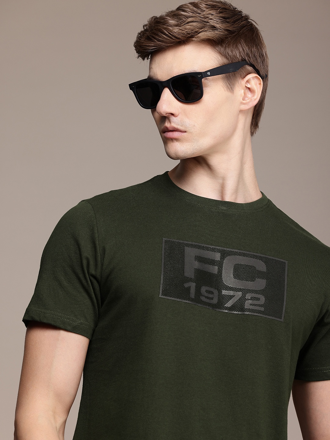 

French Connection Brand Logo Printed Pure Cotton T-shirt, Olive