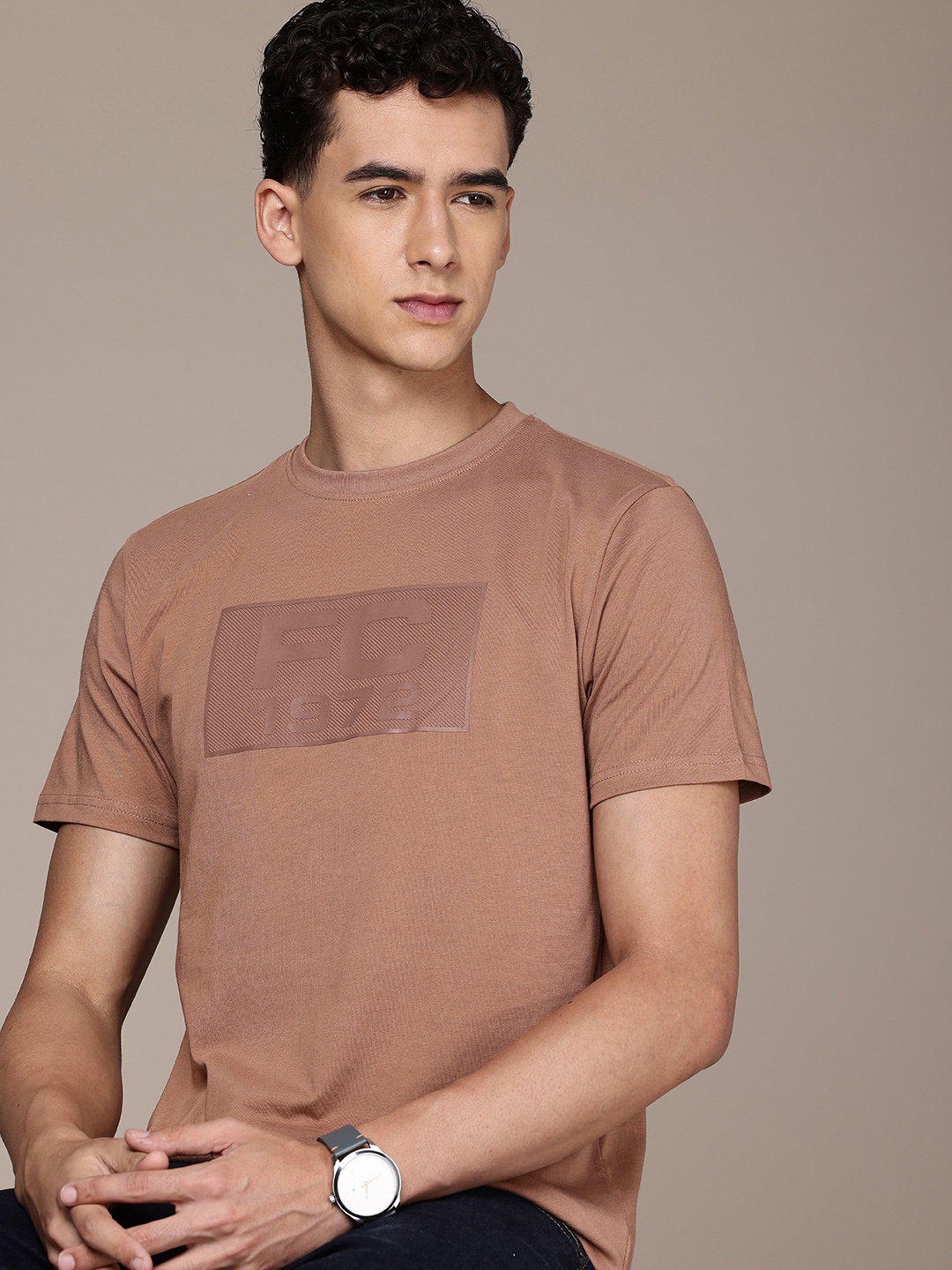 

French Connection Brand Logo Printed Pure Cotton T-shirt, Brown