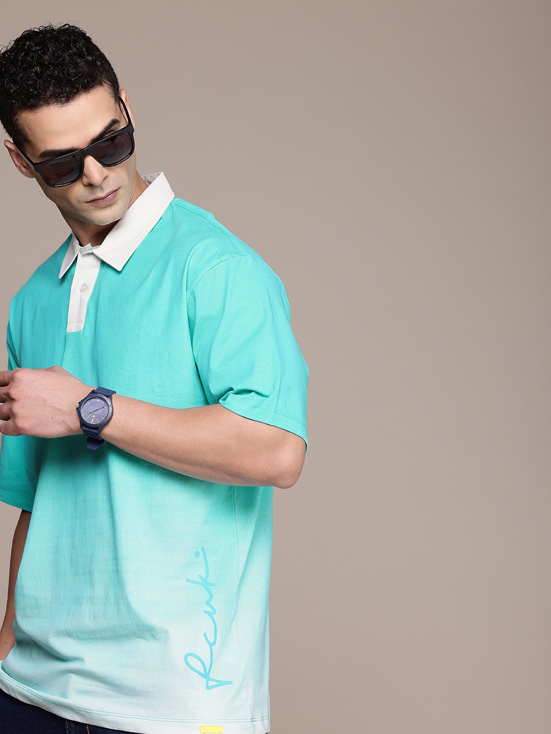 

FCUK Pure Cotton Ombre Polo Collar Drop-Shoulder Sleeves Relaxed Fit T-shirt, Sea green