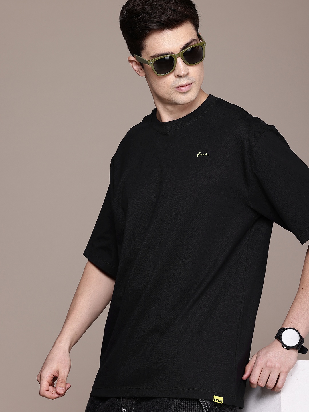 

FCUK Drop-Shoulder Sleeves Pure Cotton T-shirt, Black