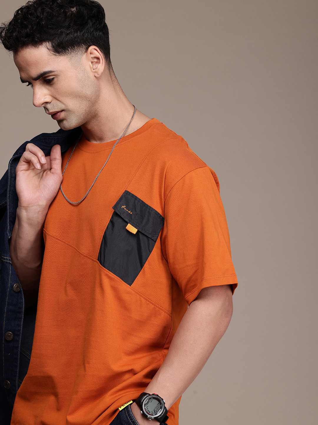 

FCUK Pure Cotton Drop-Shoulder Sleeves Relaxed Fit Pockets T-shirt, Orange
