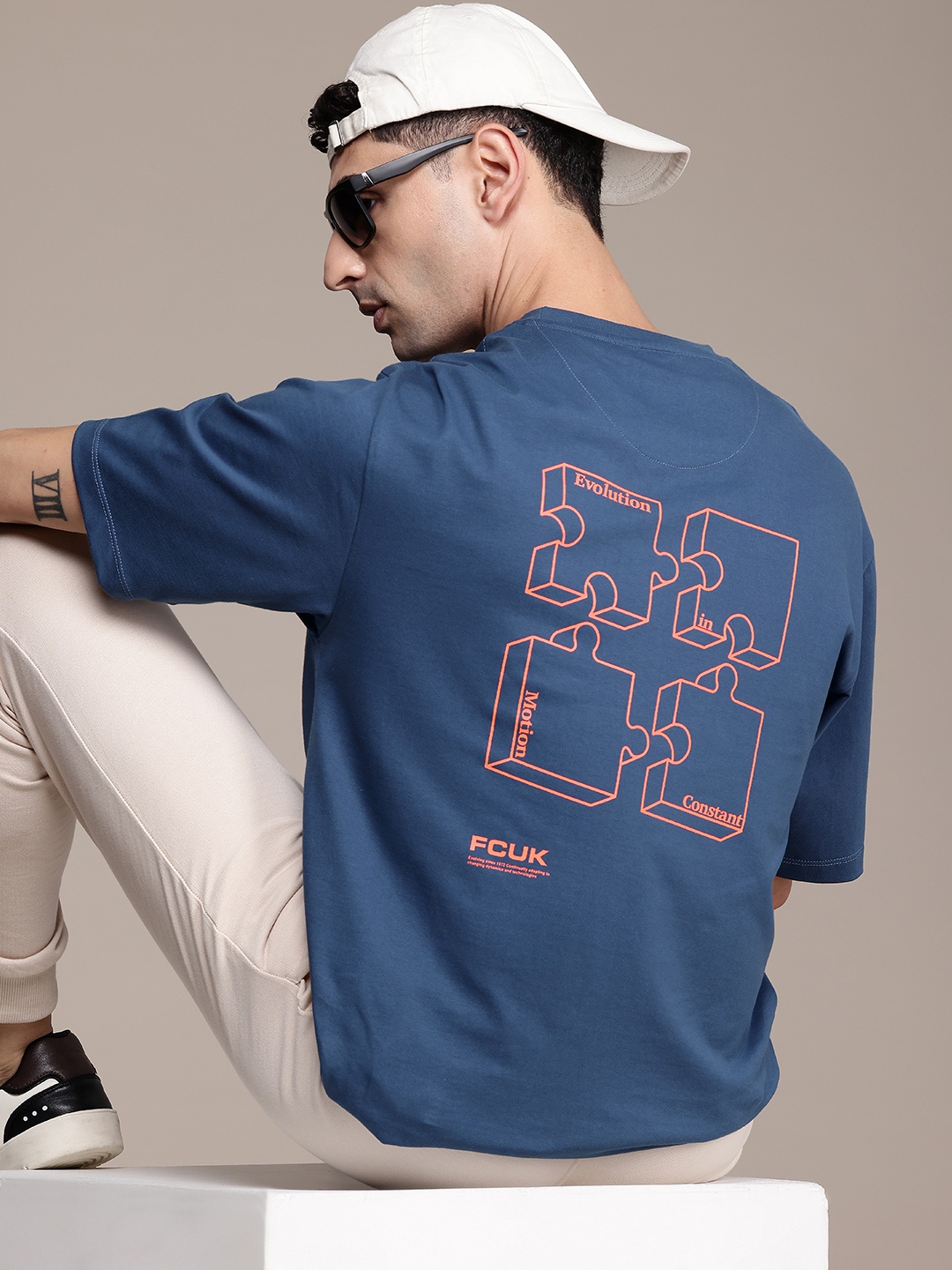

FCUK Printed Drop-Shoulder Sleeves Pure Cotton Oversized T-shirt, Navy blue