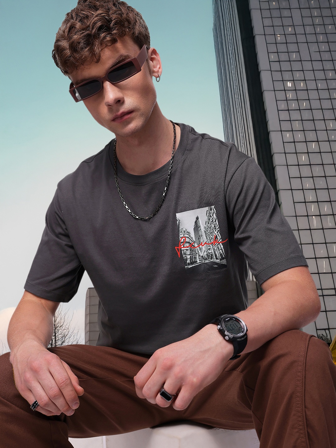 

FCUK Printed Drop-Shoulder Sleeves Pure Cotton T-shirt, Grey