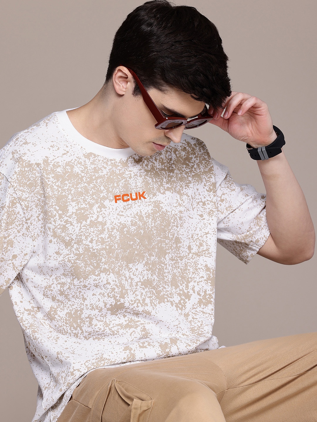 

FCUK Printed Oversized Drop-Shoulder Sleeves Pure Cotton T-shirt, White