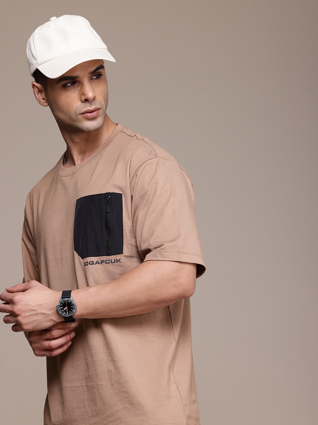 

FCUK Pure Cotton Oversized Pocket T-shirt, Brown