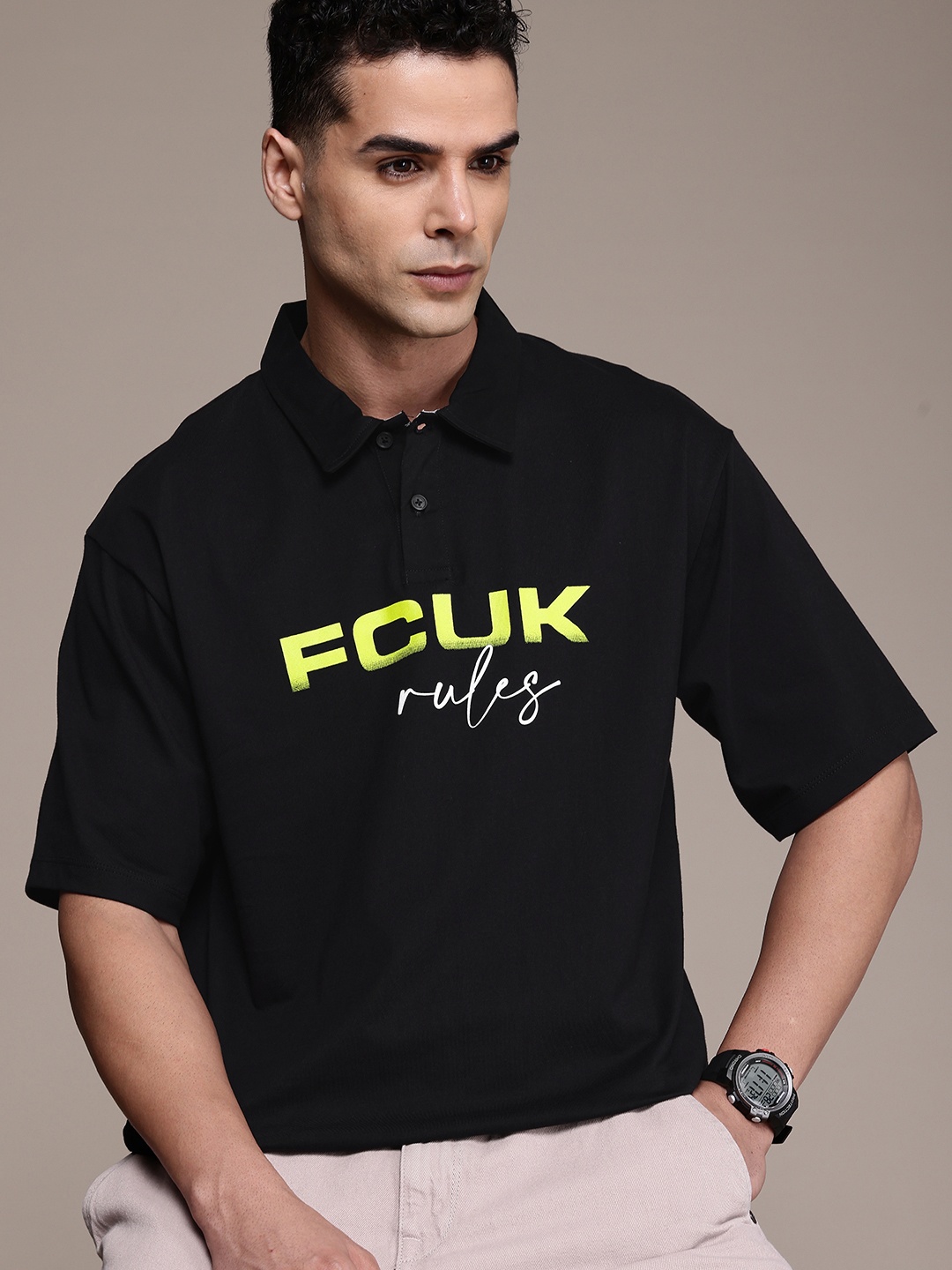 

FCUK Brand Logo Printed Polo Collar Drop-Shoulder Sleeves Pure Cotton T-shirt, Black