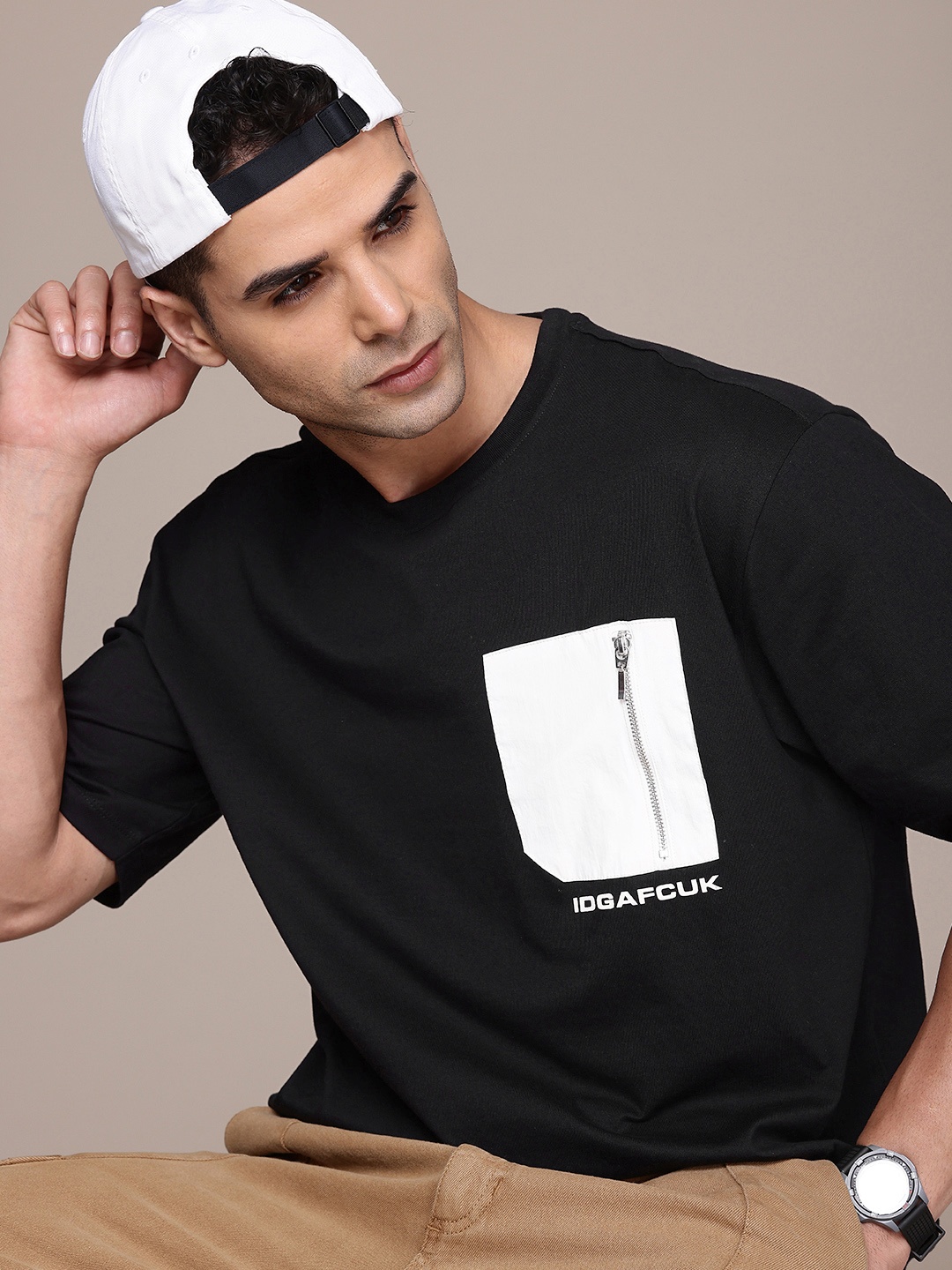 

FCUK Pure Cotton Oversized Pocket T-shirt, Black