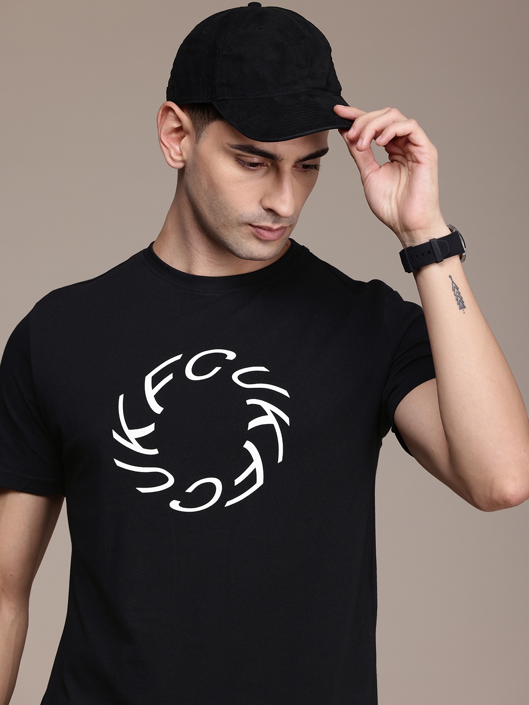 

FCUK Brand Logo Printed Pure Cotton T-shirt, Black