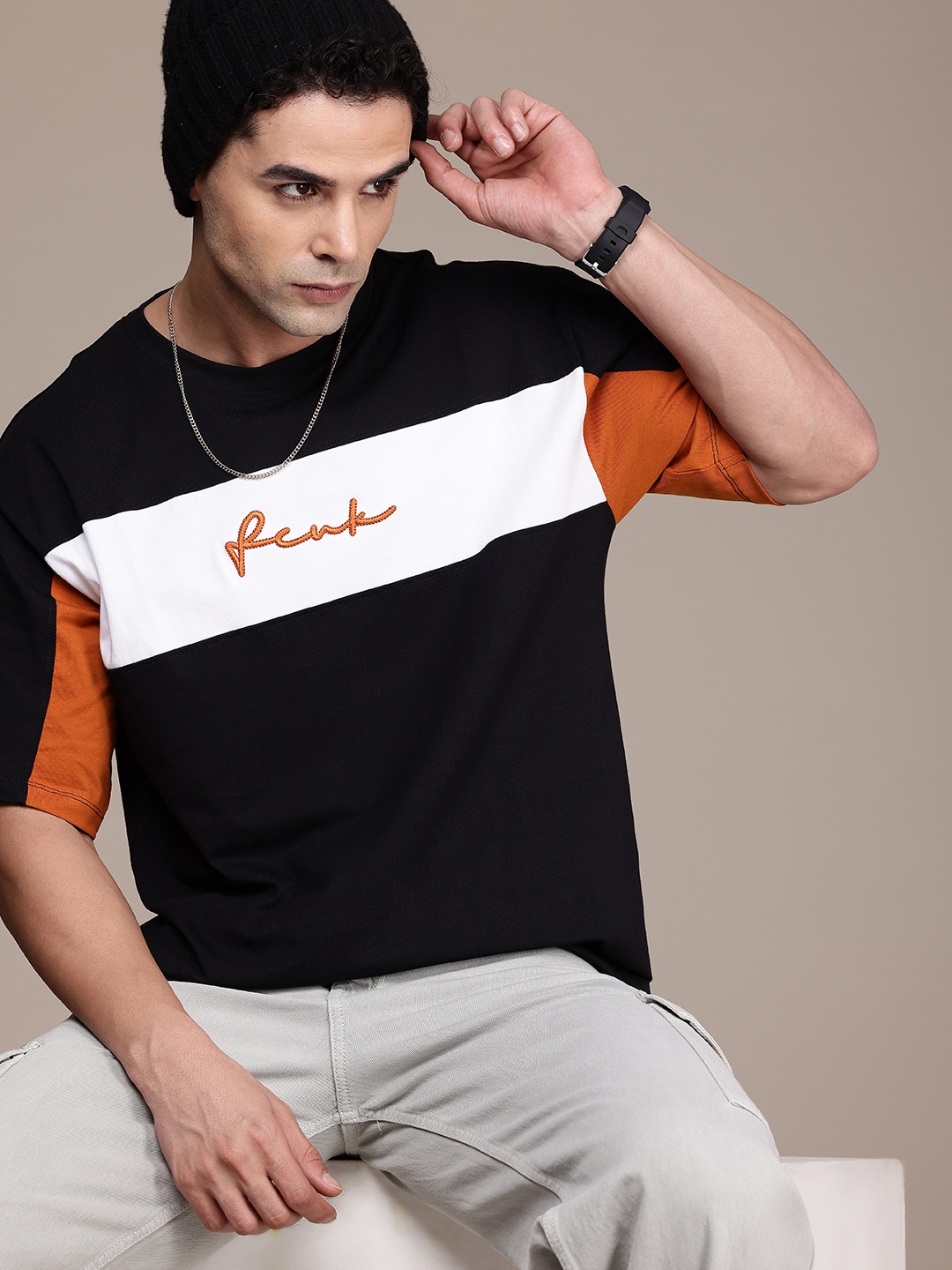 

FCUK Brand Logo Embroidered Colourblocked Relaxed Fit Pure Cotton T-shirt, Black