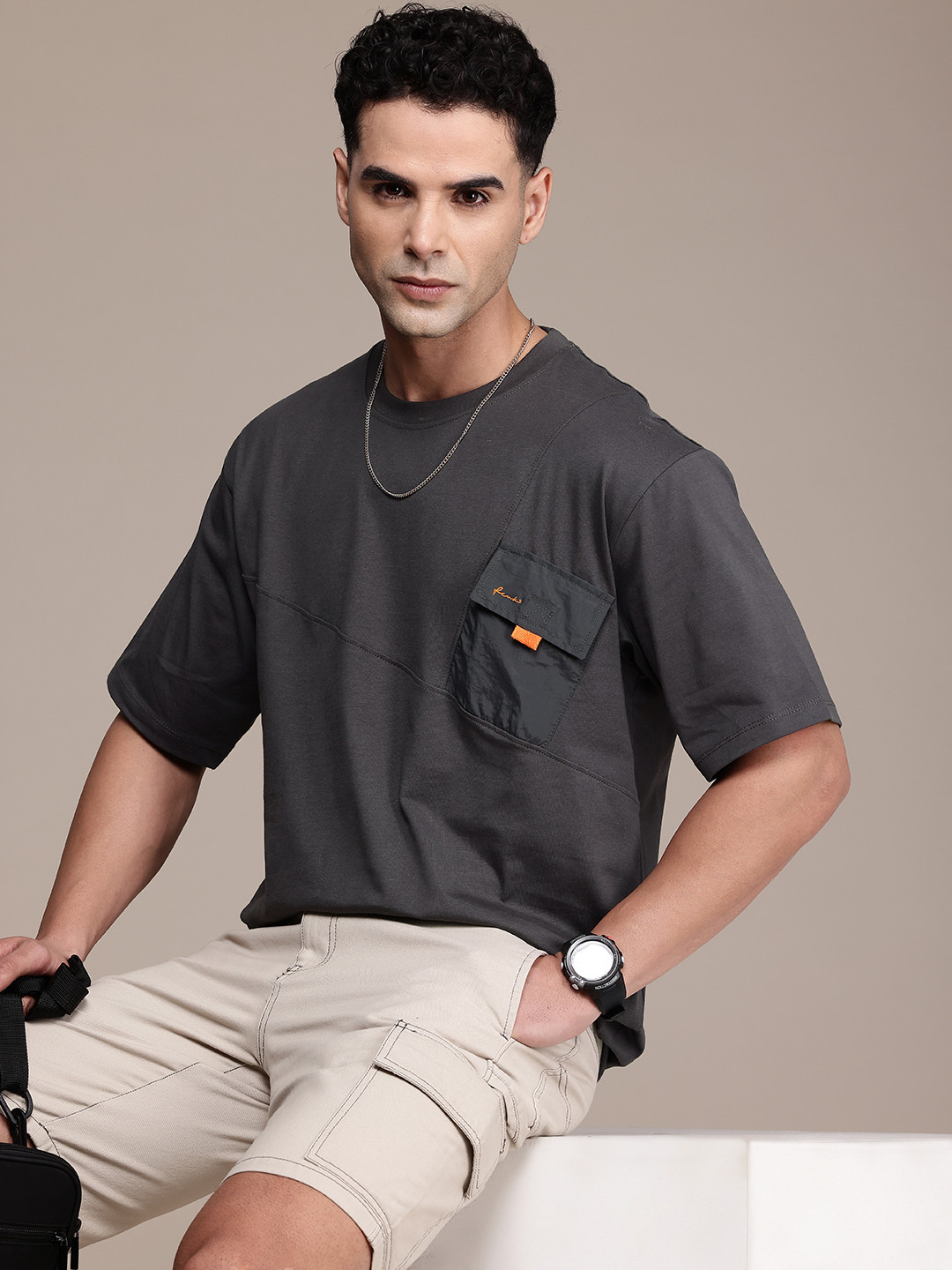 

FCUK Pure Cotton Drop-Shoulder Sleeves Relaxed Fit Pockets T-shirt, Grey