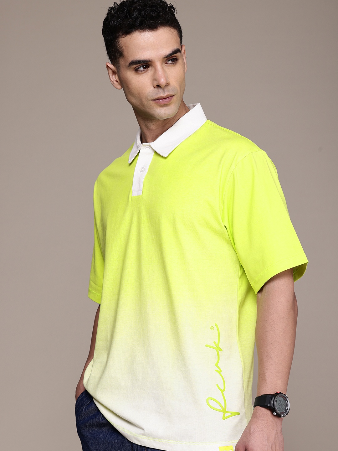 

FCUK Polo Collar Drop-Shoulder Sleeves Relaxed Fit Pure Cotton T-shirt, Green