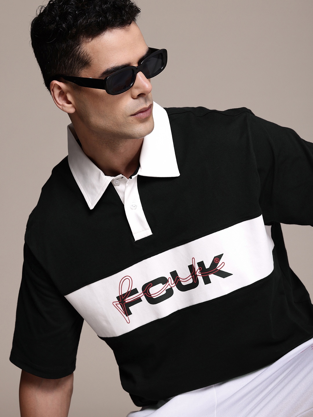 

FCUK Brand Logo Printed Polo Collar Drop-Shoulder Sleeves Relaxed Fit Pure Cotton T-shirt, Black