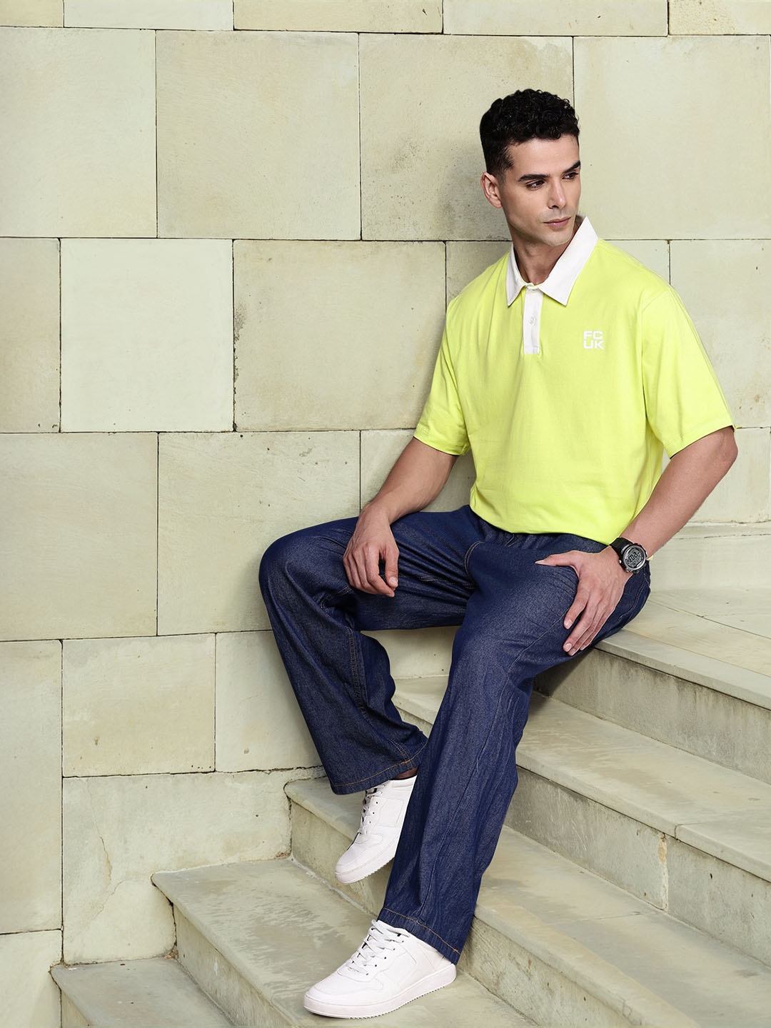 

FCUK Polo Collar Drop-Shoulder Sleeves Relaxed Fit Pure Cotton T-shirt, Green