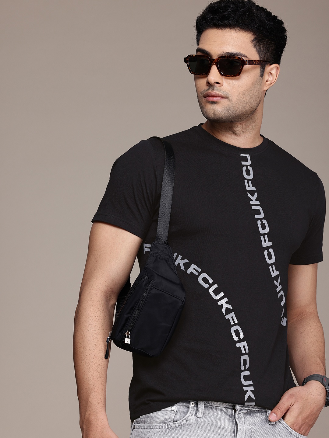 

FCUK Brand Logo Printed Pure Cotton T-shirt, Black