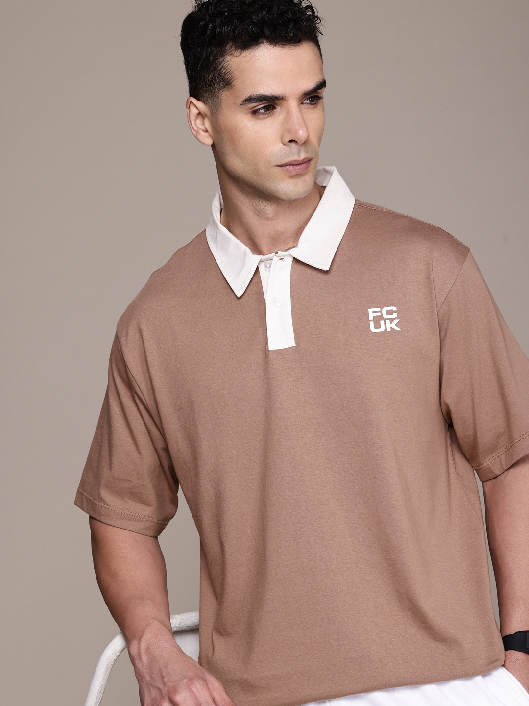 

FCUK Polo Collar Drop-Shoulder Sleeves Relaxed Fit Pure Cotton T-shirt, Taupe