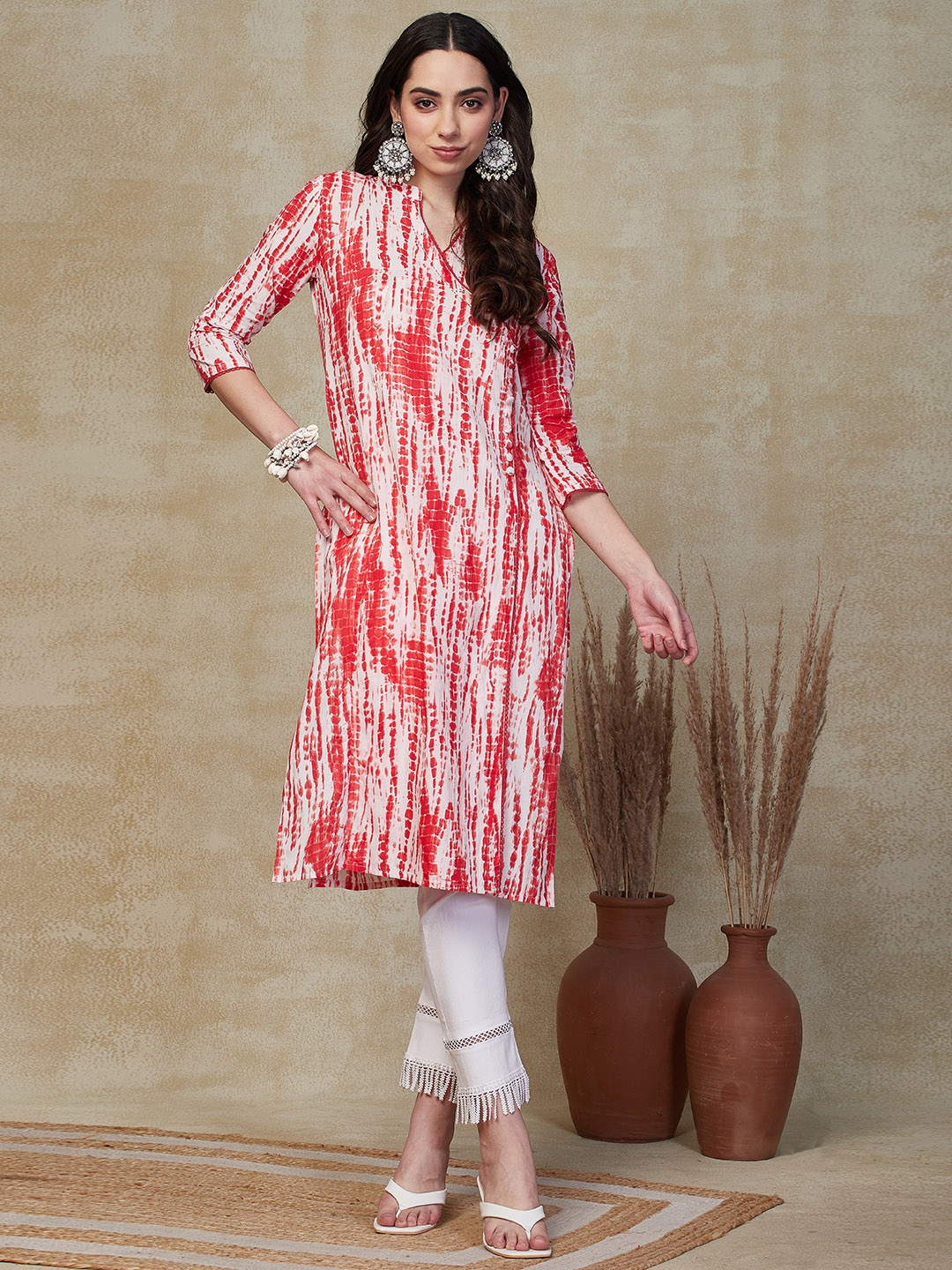 

FASHOR Printed Regular Sleeves Cotton Kurta, Red
