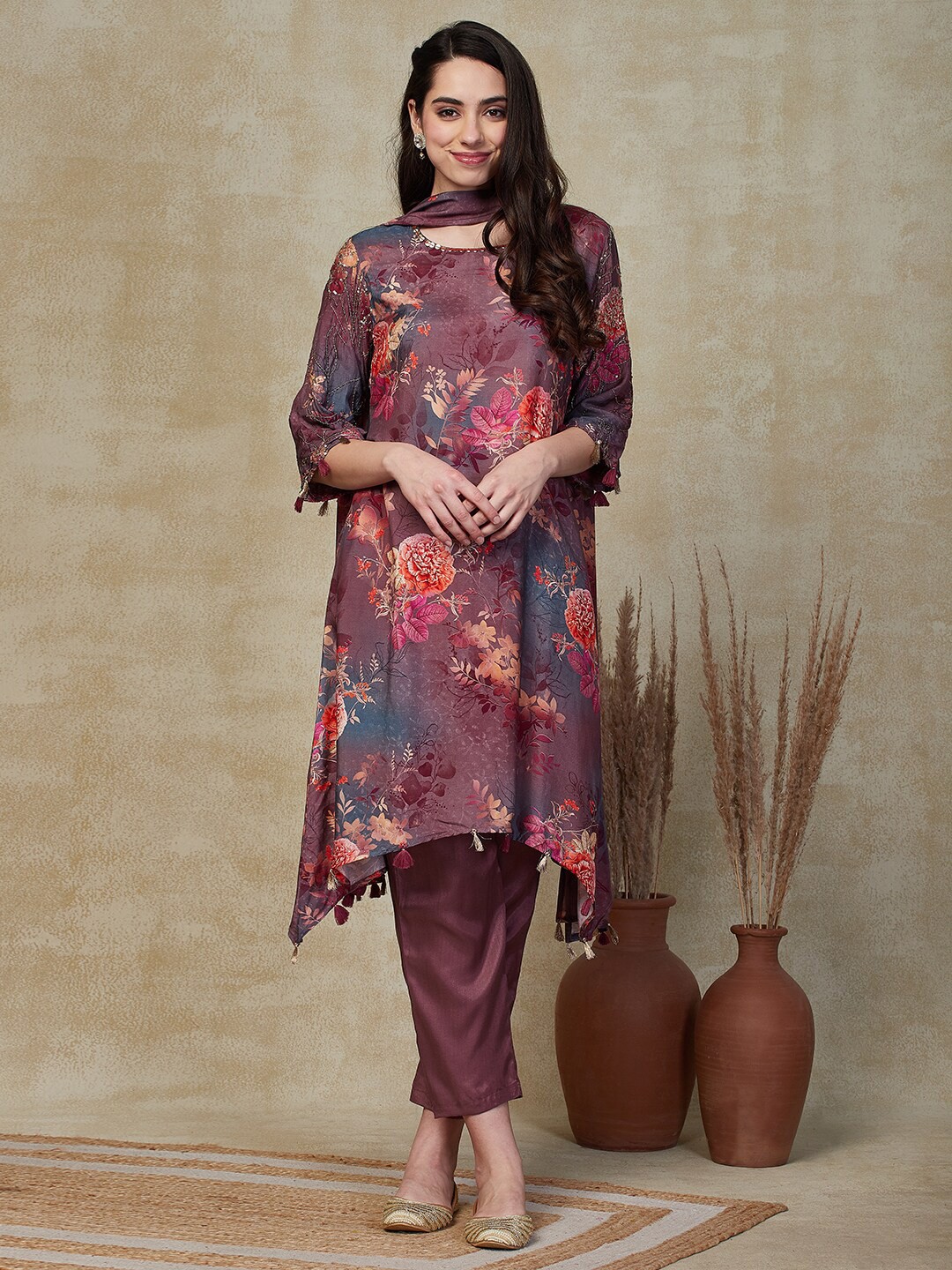 

FASHOR Brown Floral Printed A-Line Kurta With Trousers & Dupatta