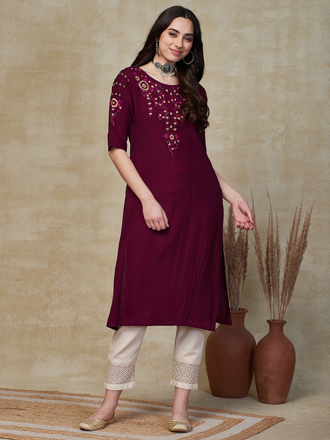 

FASHOR Burgundy Floral Embroidered Round Neck A-Line Kurta