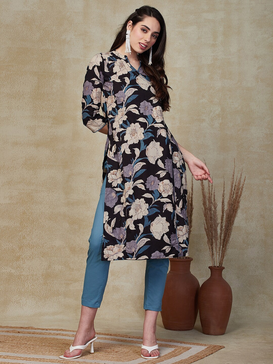 

FASHOR Black & Beige Floral Printed Pure Cotton Angrakha Kurta With Trousers