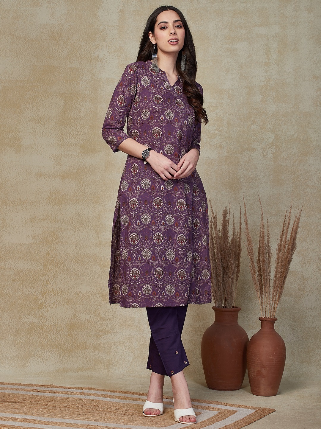 

FASHOR Purple Ethnic Motifs Printed Embellished Cotton A-Line Kurta