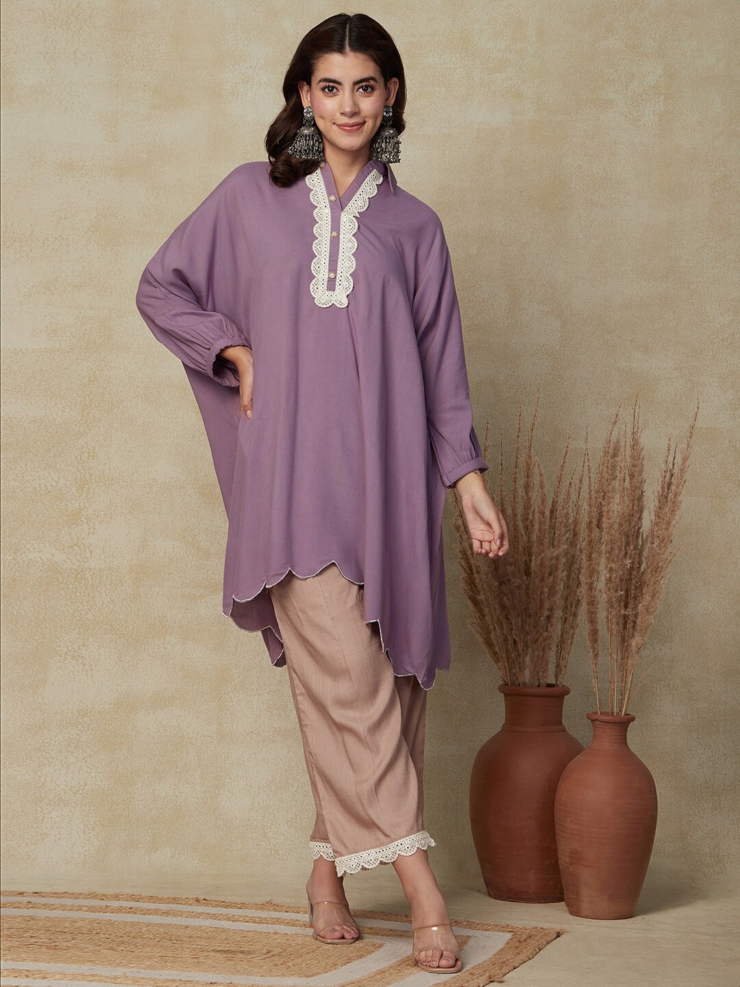 

FASHOR Lavender Embroidered Shirt Collar Kaftan Kurta With Palazzos