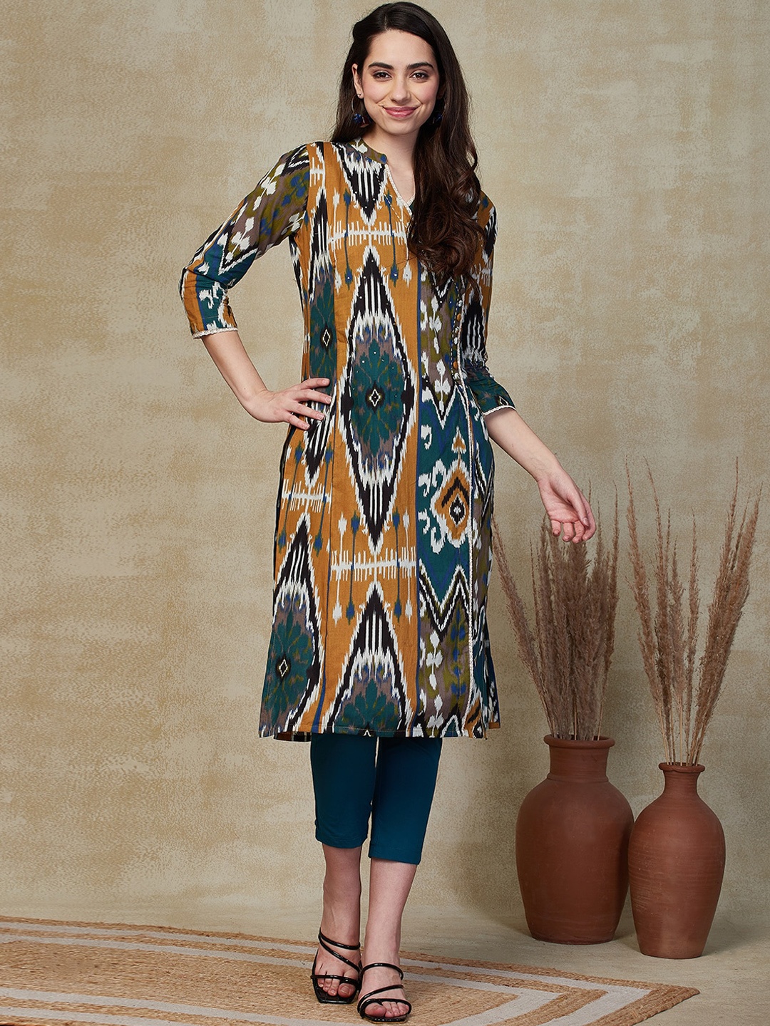 

FASHOR Printed Regular Sequinned Pure Cotton Kurta with Trousers, Blue