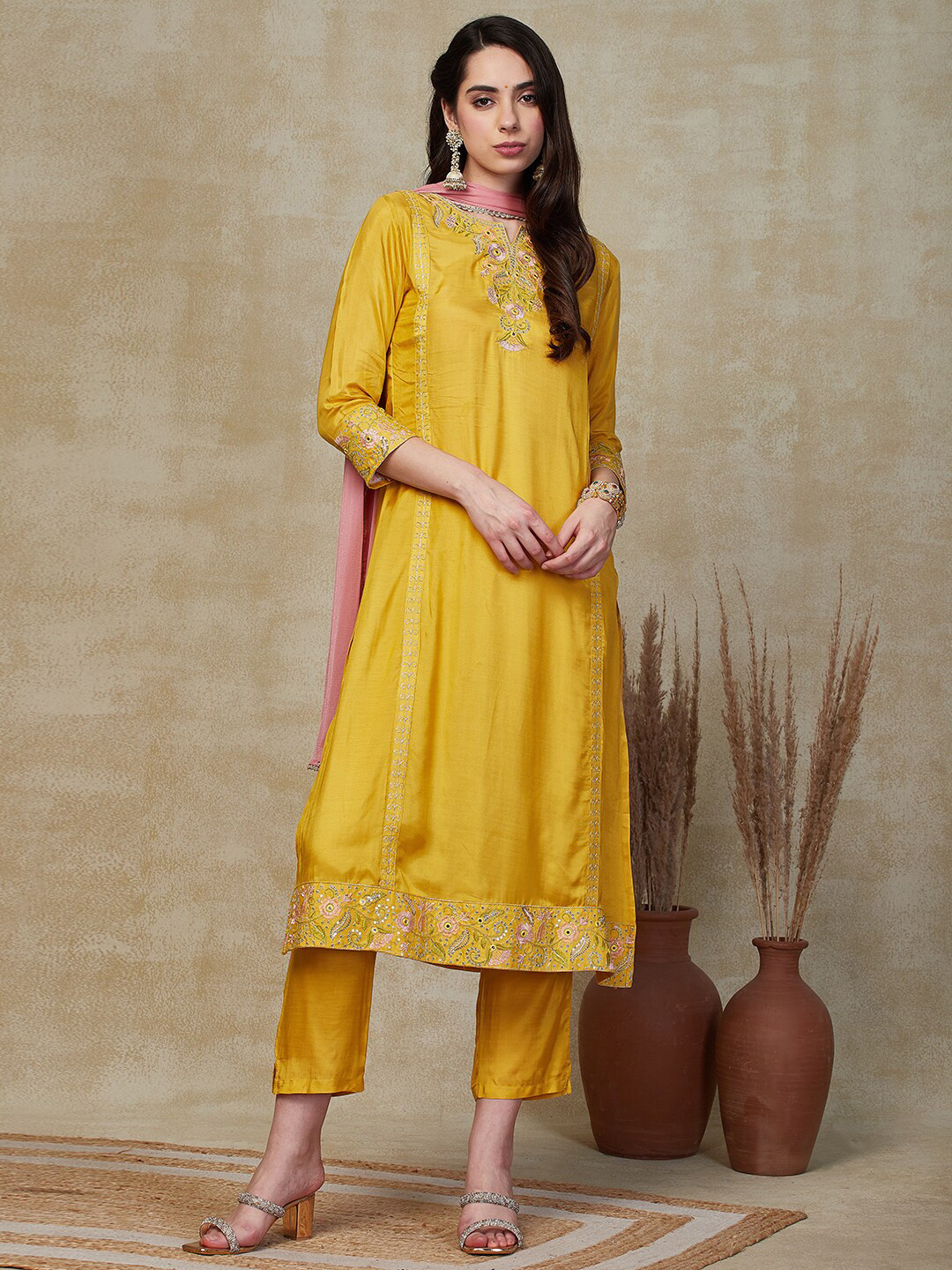 

FASHOR Yellow & Pink Embroidered Mirror Work Straight Kurta With Trousers & Dupatta