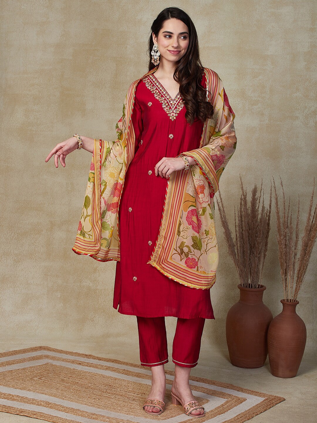

FASHOR Red Floral Embroidered Straight Kurta With Trousers & Dupatta