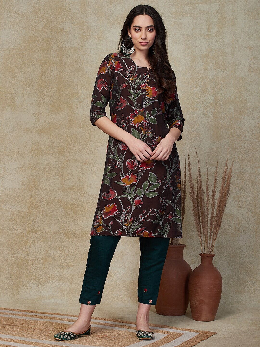 

FASHOR Floral Embroidered Sequinned Kurta, Brown