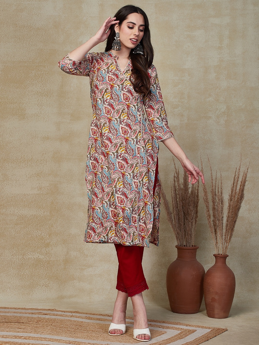 

FASHOR Red Paisley Printed Mandarin Collar Cotton A-Line Kurta