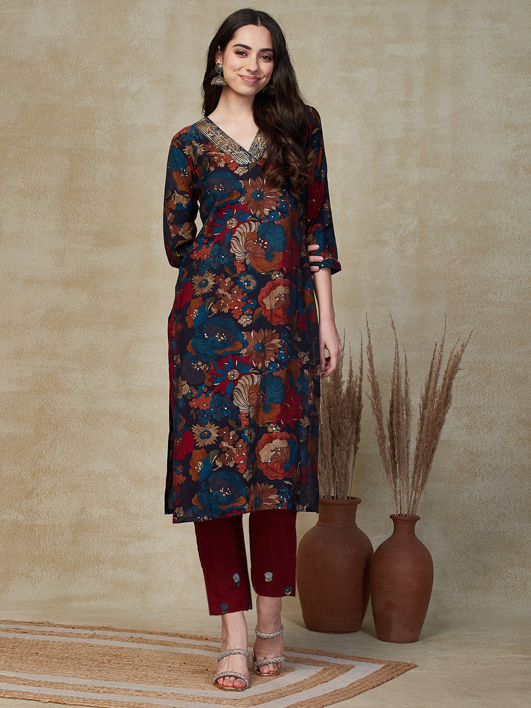 

FASHOR Floral Embroidered Thread Work V-Neck A-Line Kurta, Teal