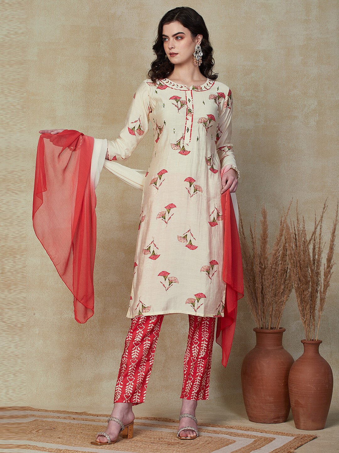 

FASHOR Floral Printed Mirror Work Kurta With Trouser & Dupatta, Cream