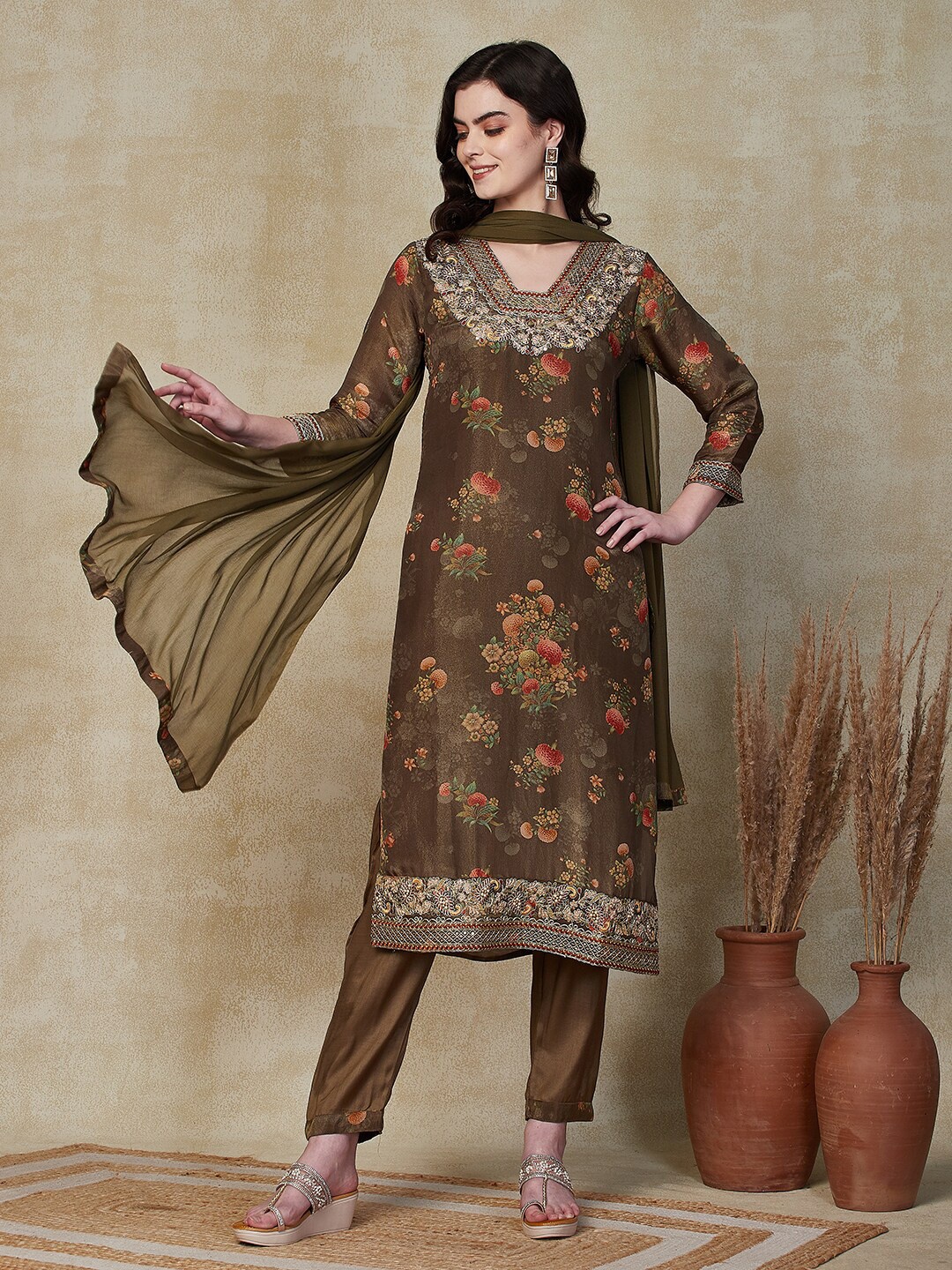 

FASHOR Floral Printed Aari Work Kurta With Trouser & Dupatta, Olive