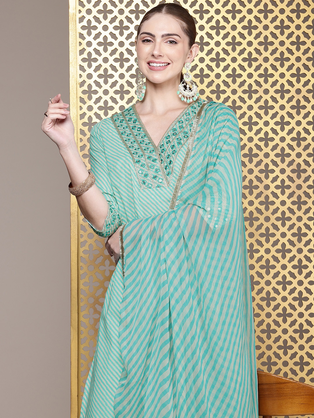 

House of Pataudi Women Striped Mirror Work Pure Cotton Jashn Kurta With Palazzos & Dupatta, Green