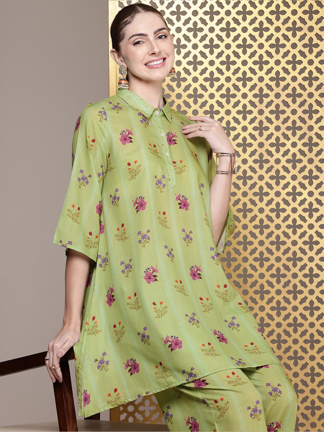 

House of Pataudi Women Floral Printed Regular Jashn Kurta With Palazzos, Green