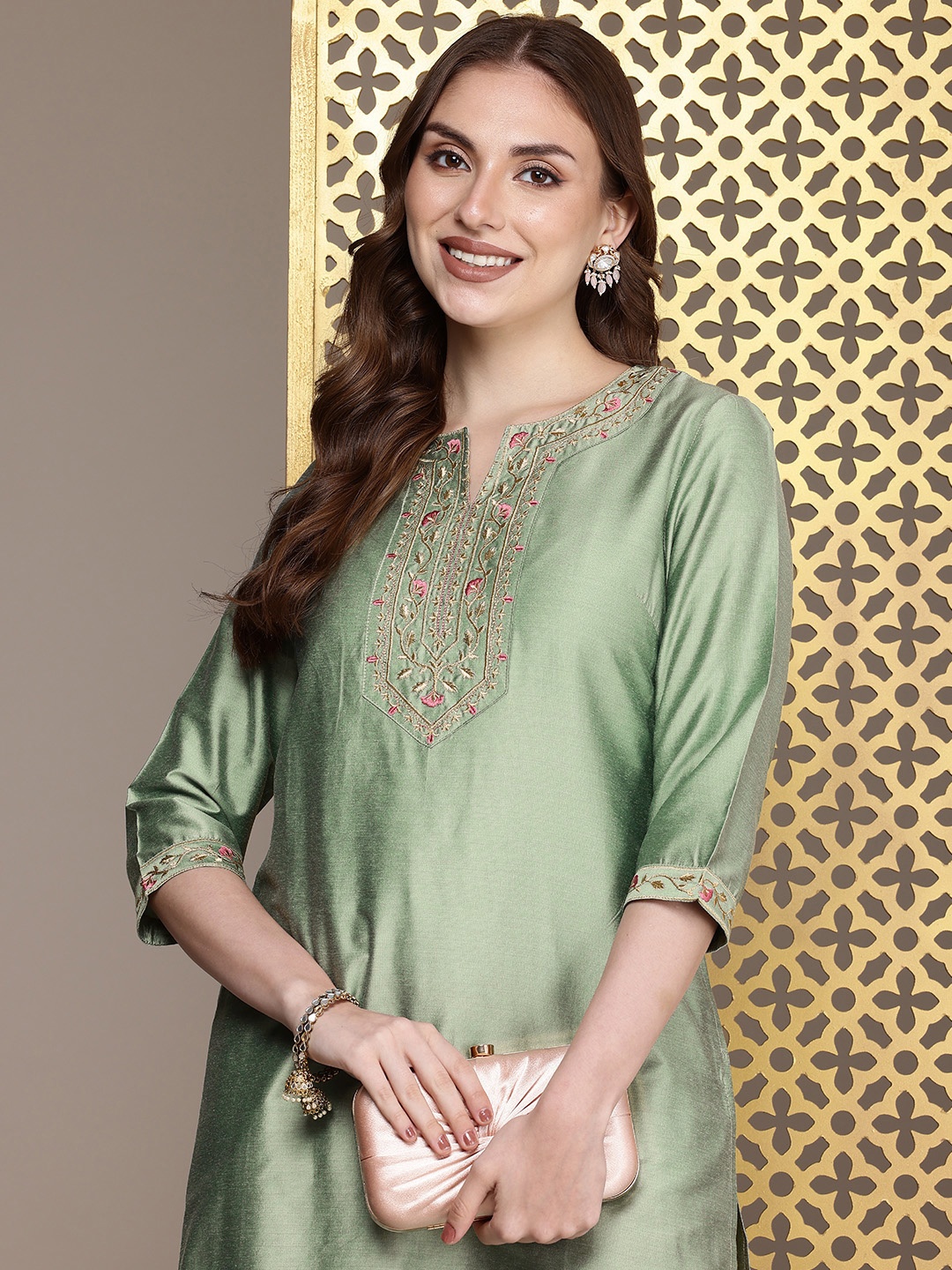 

House of Pataudi Ethnic Motifs Embroidered Jashn Kurta, Green