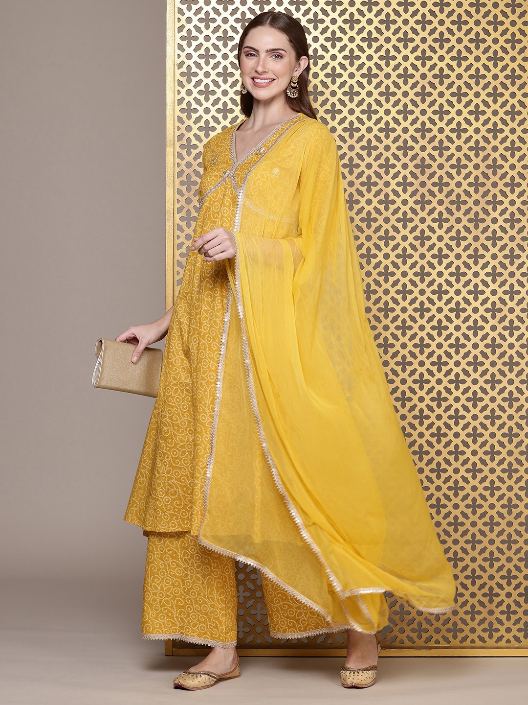 

House of Pataudi Pure Cotton Printed Zari Sequinned Jashn Kurta With Palazzos With Dupatta, Mustard