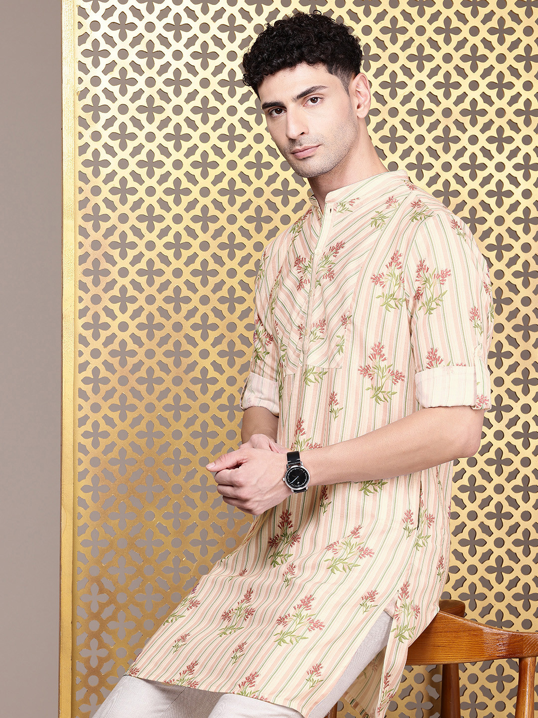 

House of Pataudi Floral Printed Jashn Kurta, Beige