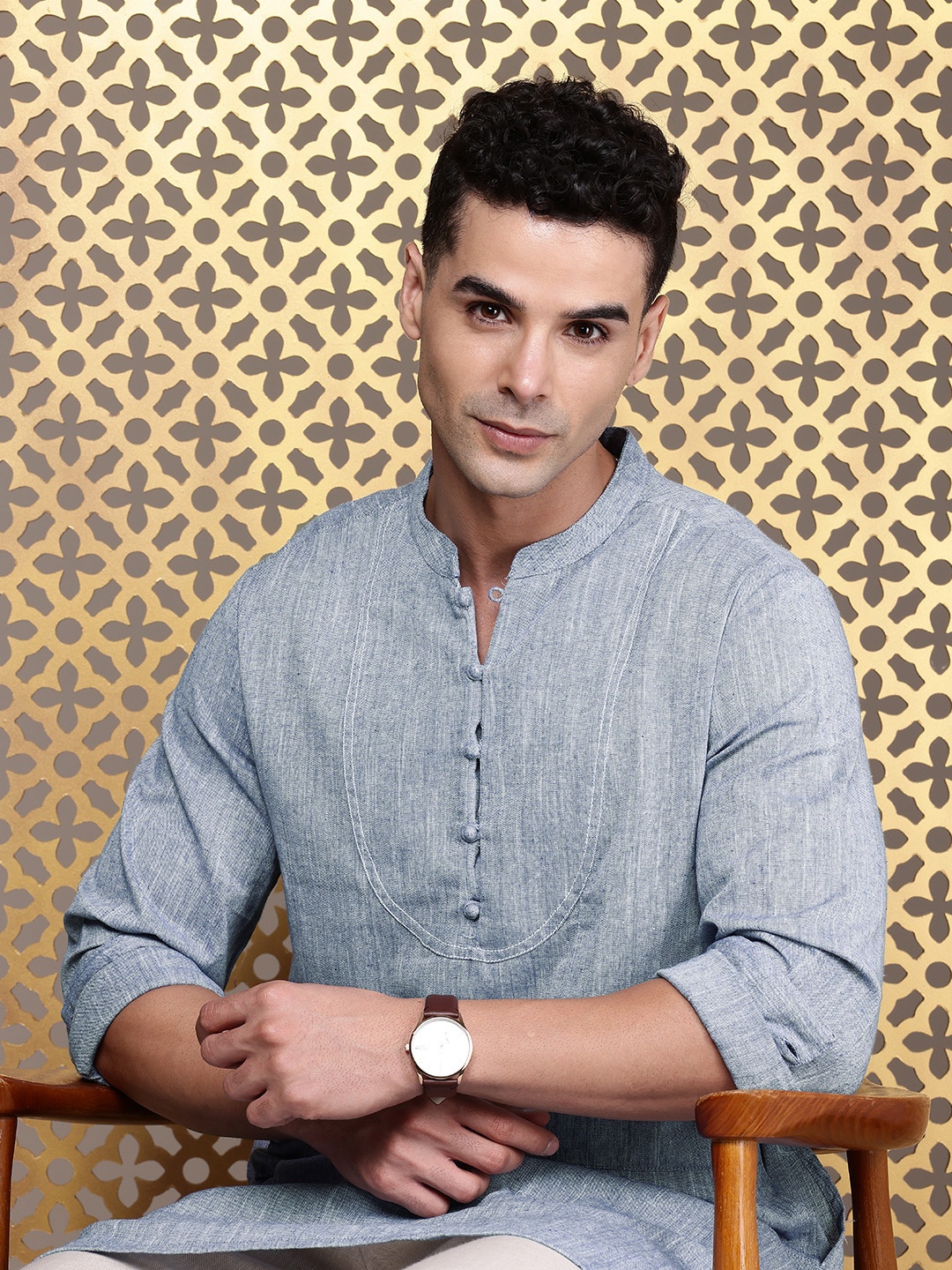 

House of Pataudi Mandarin Collar Woven Design Jashn Kurta, Blue