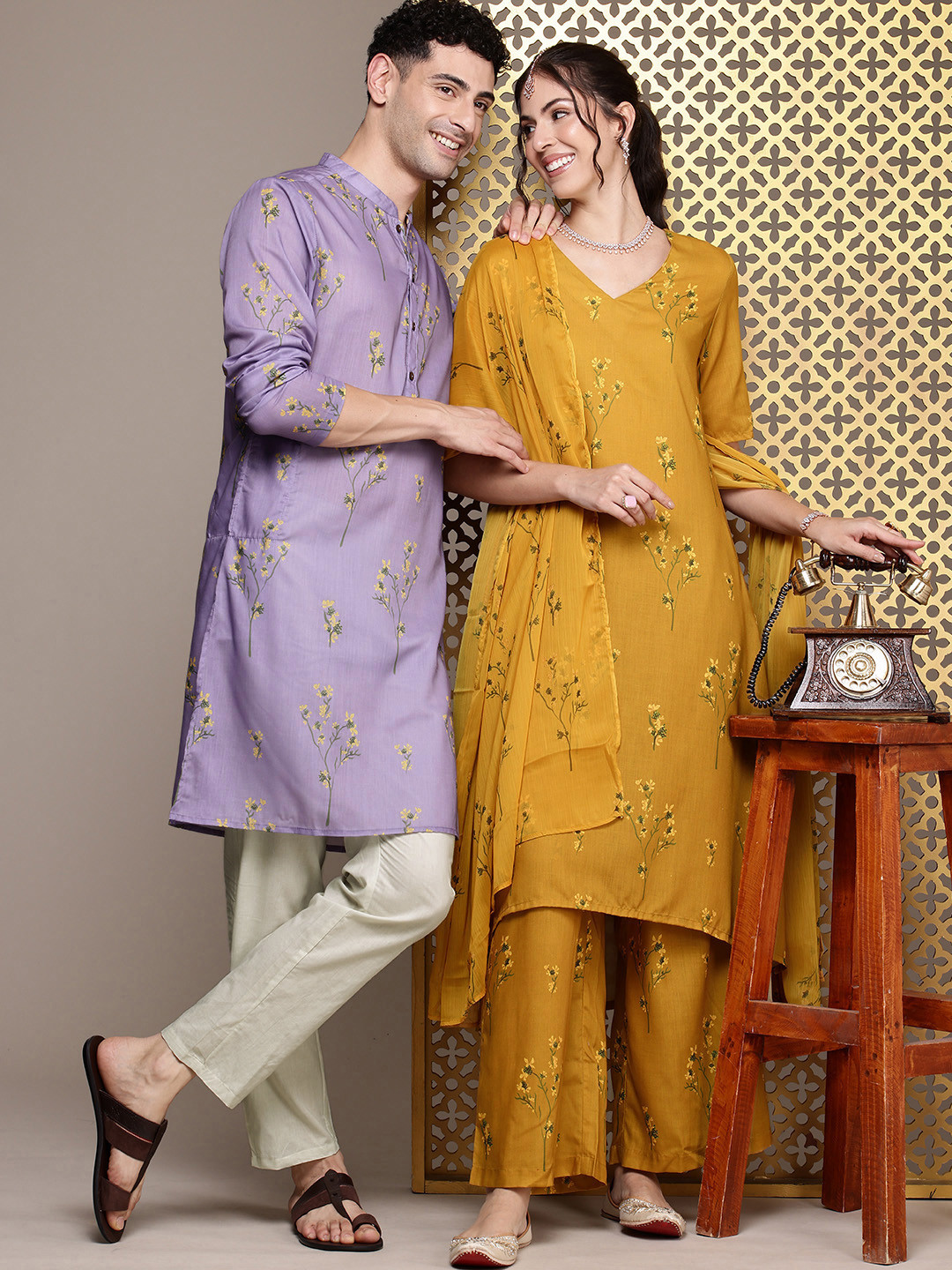 

House of Pataudi Floral Printed Regular Jashn Kurta With Trousers, Lavender