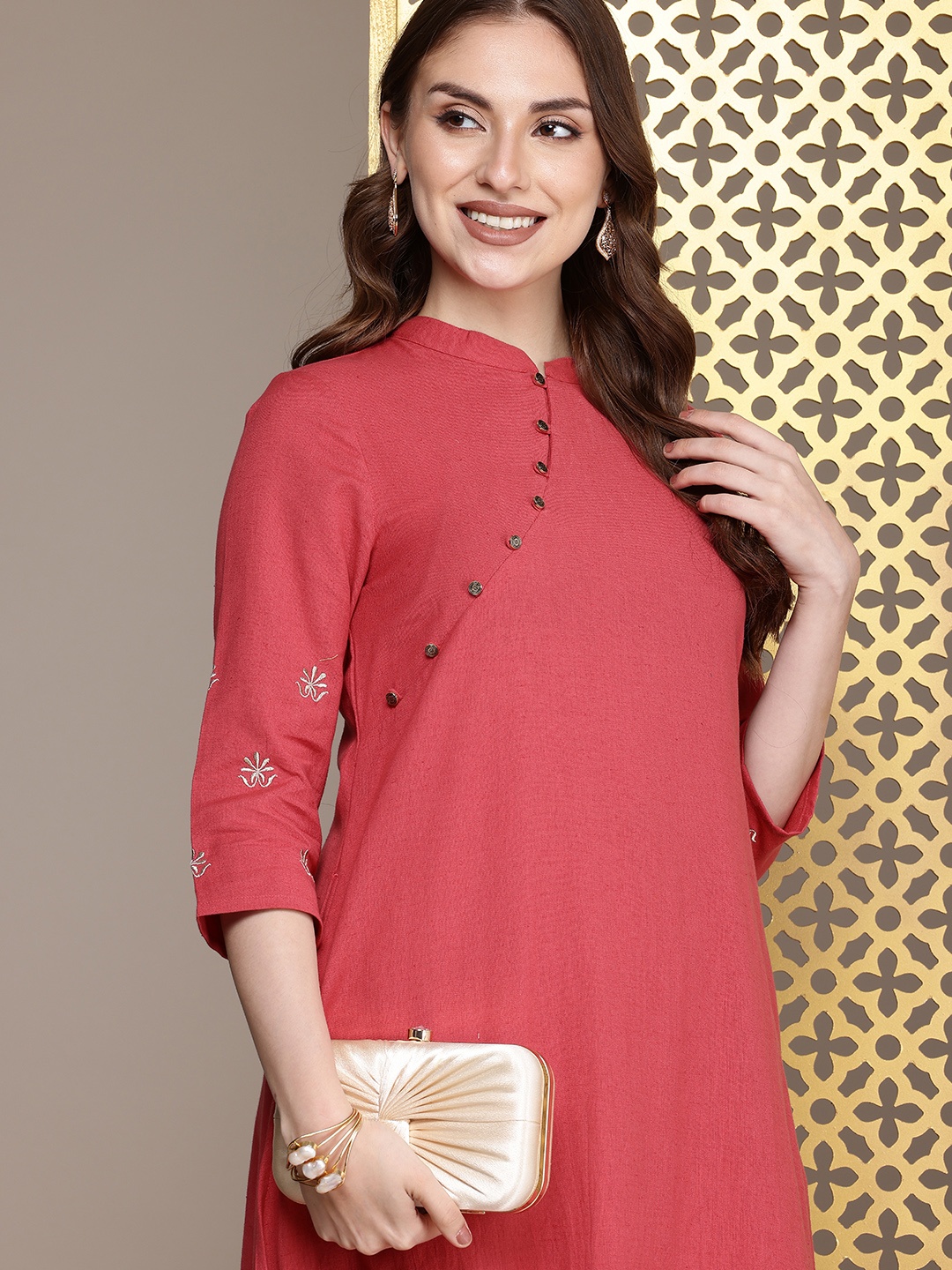 

House of Pataudi Rozana Cotton Linen Floral Zari Embroidered Kurta, Coral