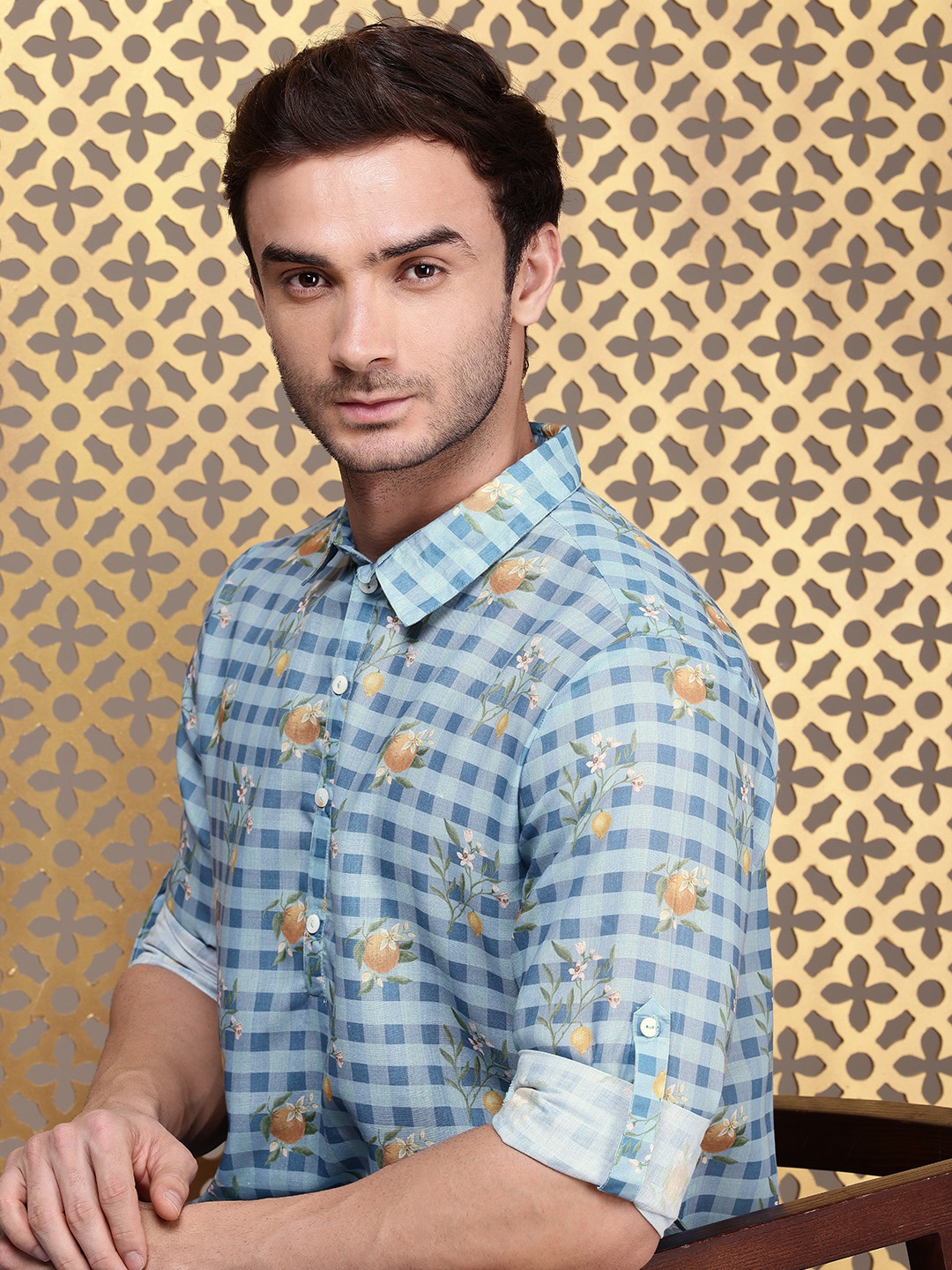 

House of Pataudi Checked Jashn Kurta, Blue